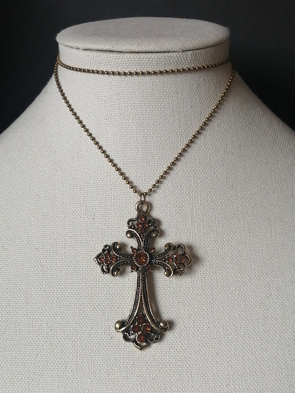 Vintage Ornate Cross Pendant Necklace in Bronze with Amber Stones